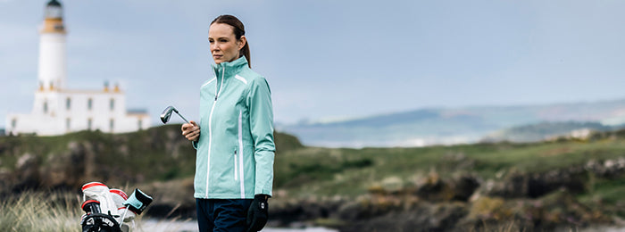 Women's waterproof jackets at GolfGarb including the new mint design from Sunderland of Scotland