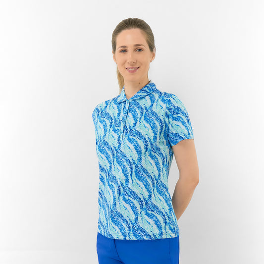 Pure Ladies Short Sleeve Buttoned Polo in Flowing Wave Print for Playful Style & All-Day Comfort