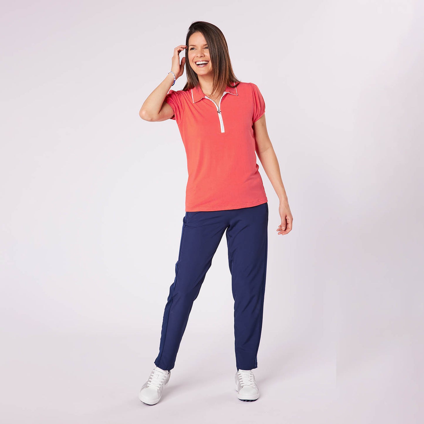 Swing Out Sister Ladies Zip-Neck Puffed Cap Sleeve Polo