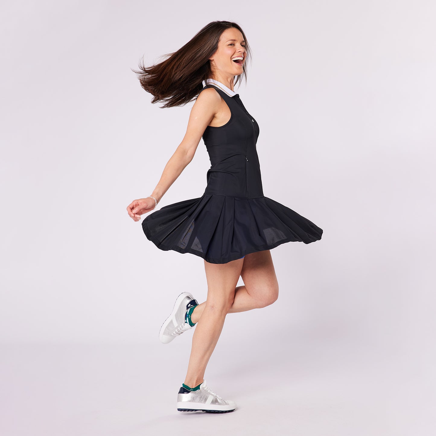 Swing Out Sister Ladies Sleeveless Drop Waist Pleated Golf Dress in Black