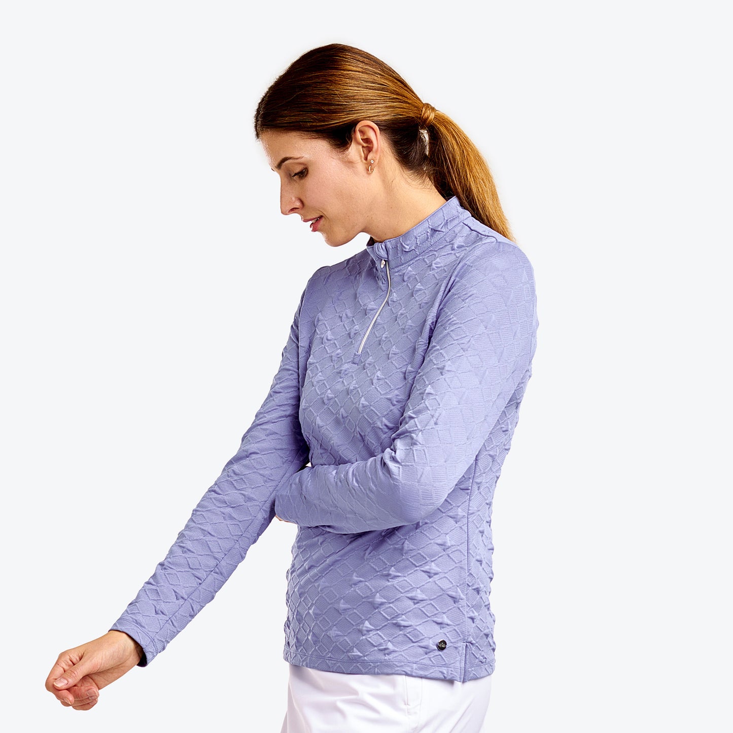 Nivo Ladies Mock Neck Long Sleeve Top with Textured Diamond Print