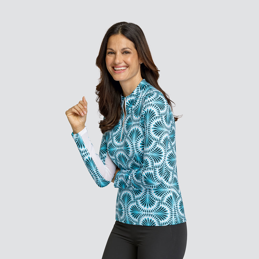 Tail Ladies Long Sleeve Polo In Peacock Print With Mesh