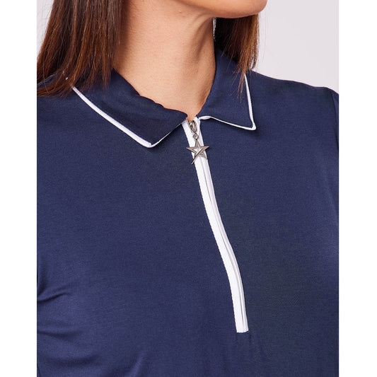 Swing Out Sister Ladies Zip-Neck Puffed Cap Sleeve Polo in Navy