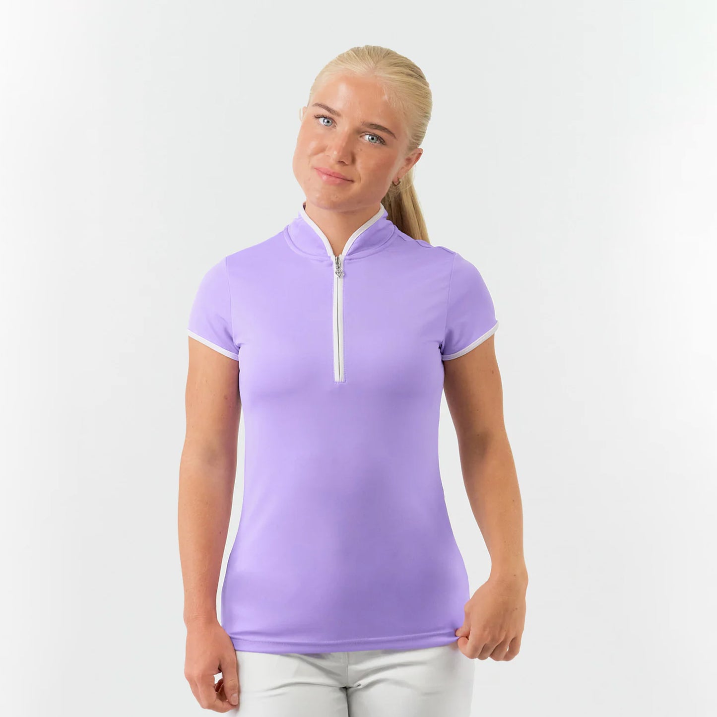 Pure Golf Ladies Cap Sleeve Mandarin Polo Shirt in Lilac
