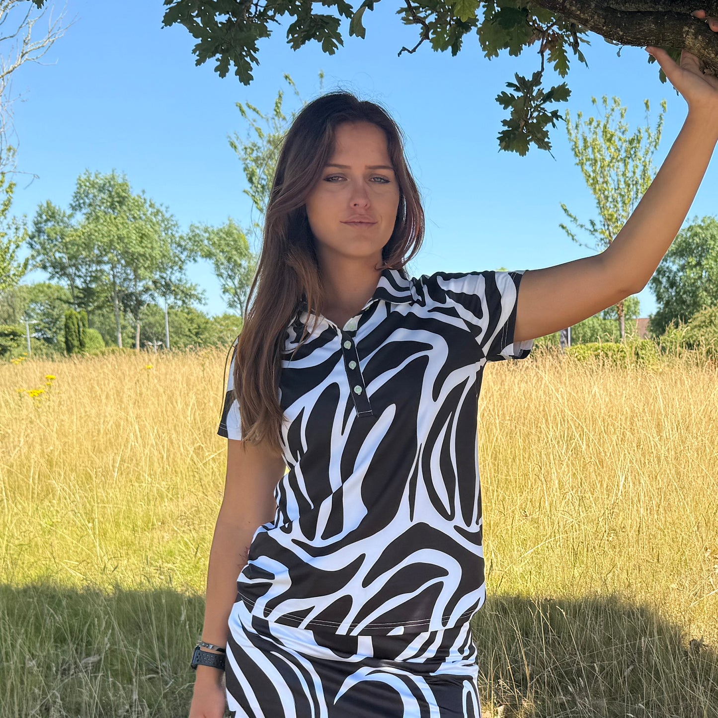 Swing Out Sister Ladies Cap Sleeve Polo in Black & White Stripe