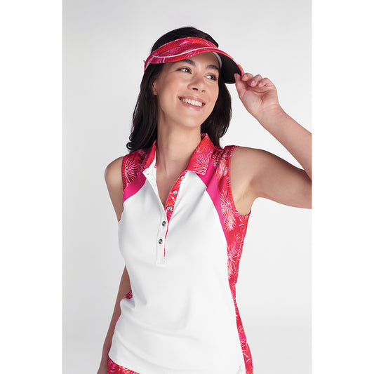 Green Lamb Ladies Sleeveless Polo with Curved Seams in White & Paradise Print