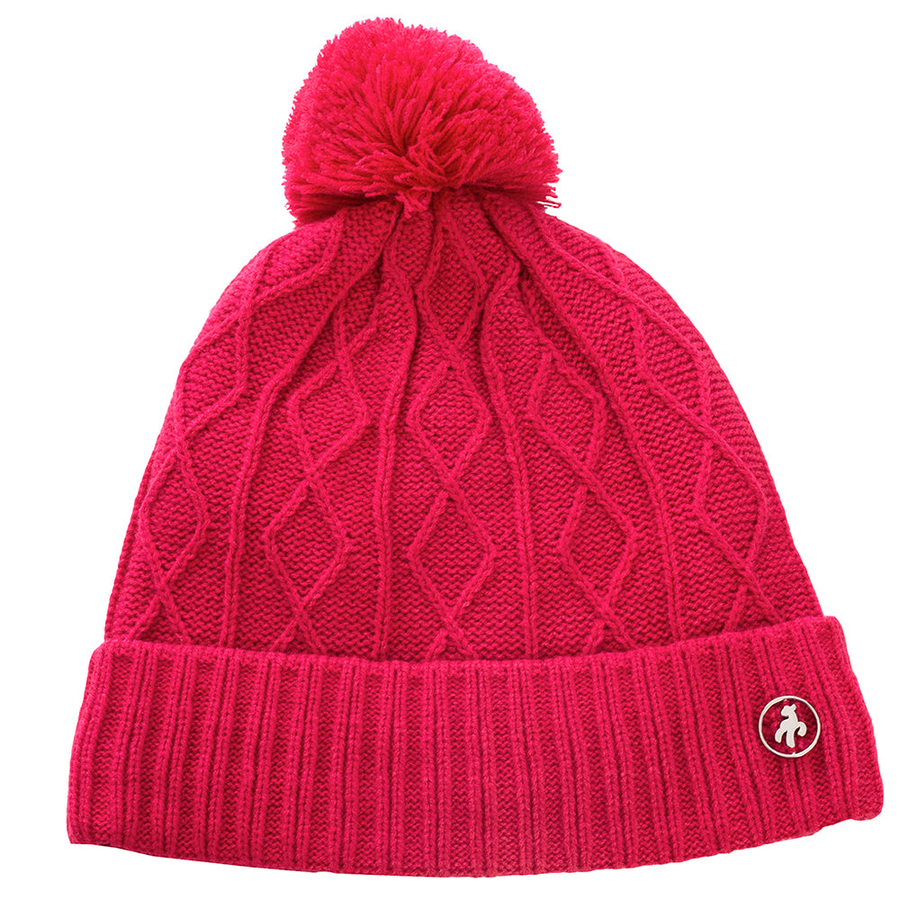 Green Lamb Ladies Fleece Lined Cable Knit Bobble Hat in Deep Pink