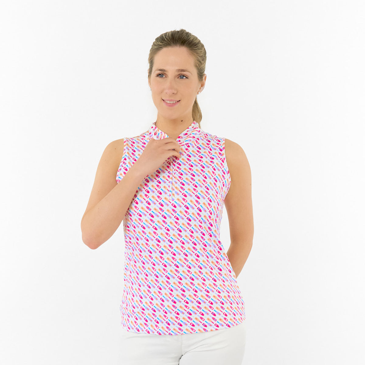Pure Golf Ladies Sleeveless Polo in Fun Bottle Print