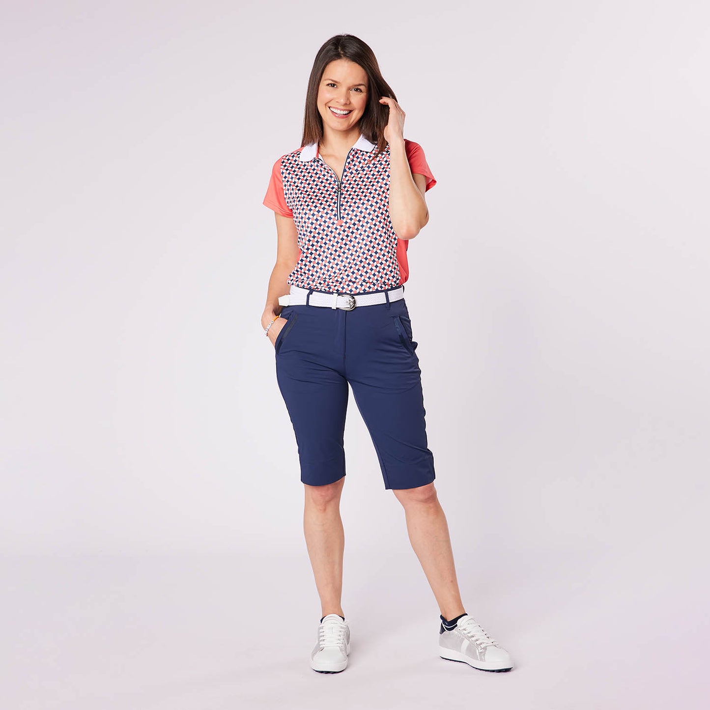 Swing Out Sister Zip-Neck Tile Print Cap Sleeve Polo