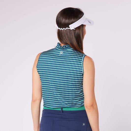 Swing Out Sister Ladies Sleeveless Polo with Geometric Print and Frill Trim Collar