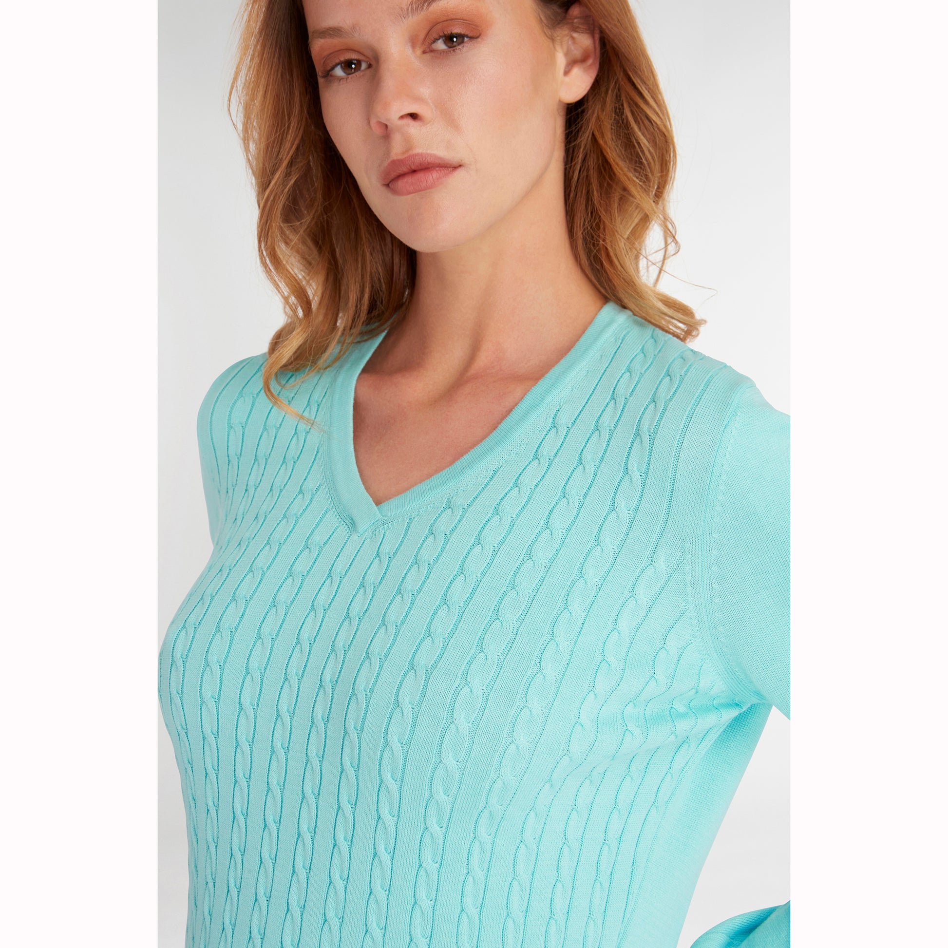 Green Lamb Ladies Aqua Cable Knit V-Neck Sweater