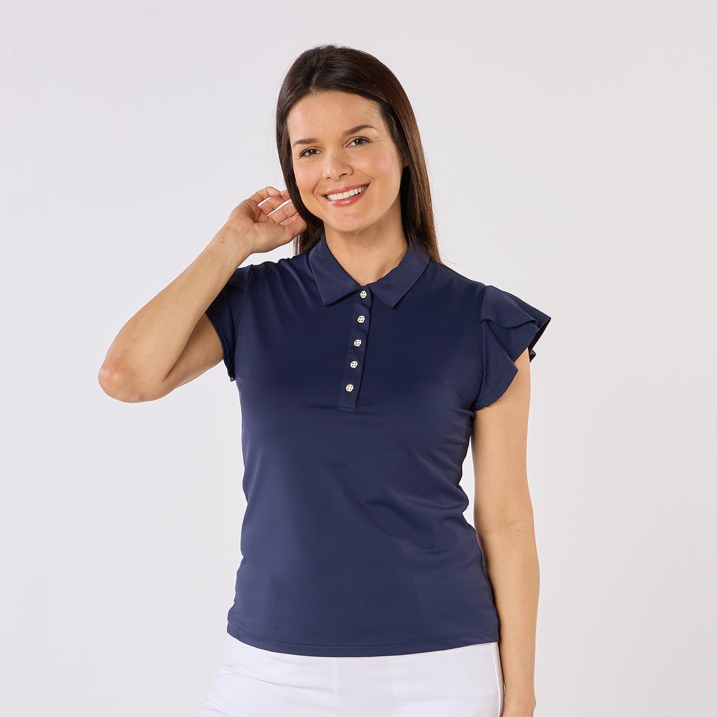 Swing Out Sister Ladies Fluted Sleeve Navy Polo for Elegant Flair On & Off The Course