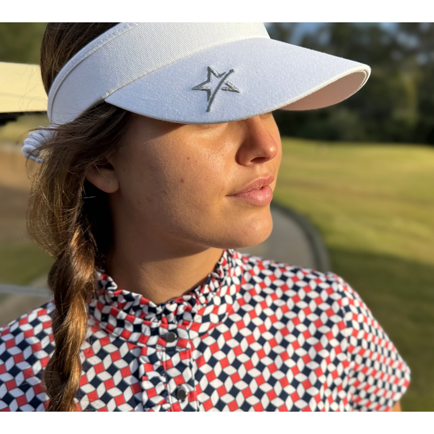 Swing Out Sister Ladies Cap Sleeve Polo in Geo Tile Print with Frill Trim Detail