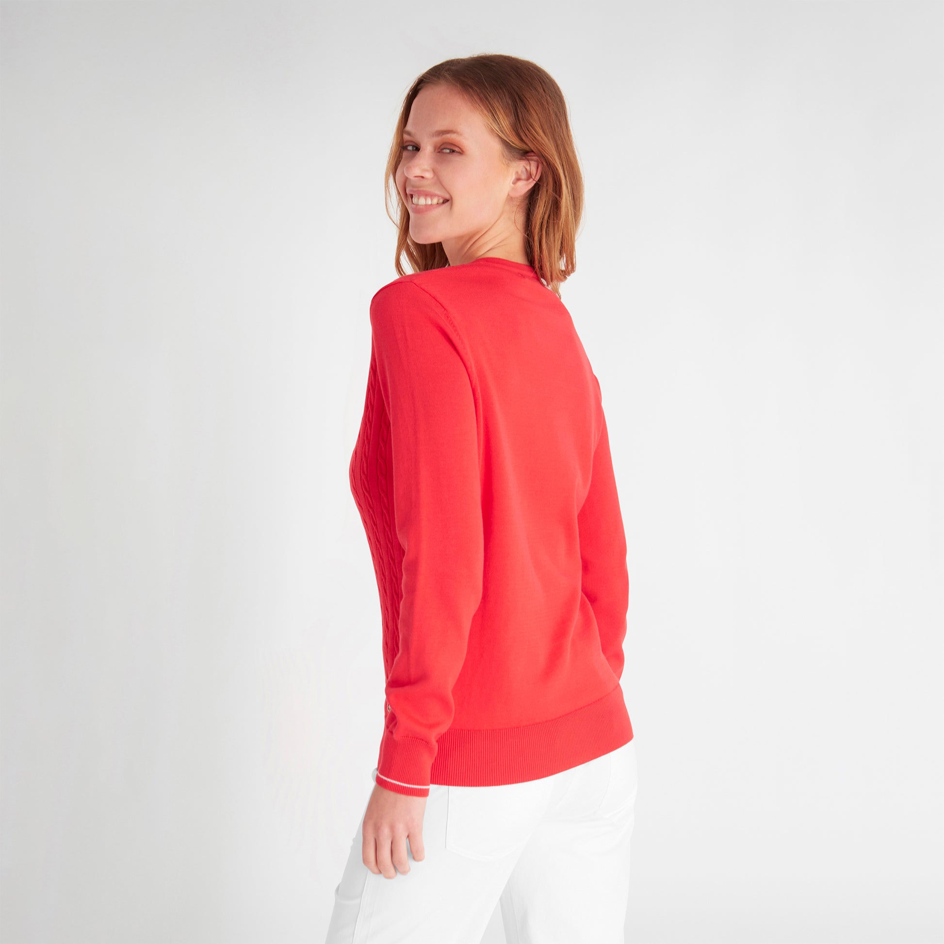 Green Lamb Ladies Cable Knit V-Neck Sweater in Poppy