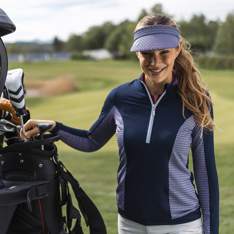 Glenmuir Ladies Lightweight Navy Mid-Layer in with Delicate Mosaic Weave Print