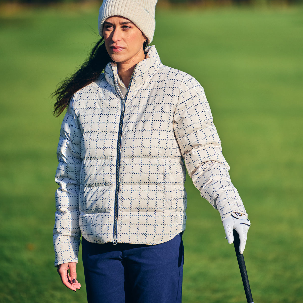 FootJoy Ladies Water Resistant Thermal Insulated Jacket in Cream with Navy Distressed Check