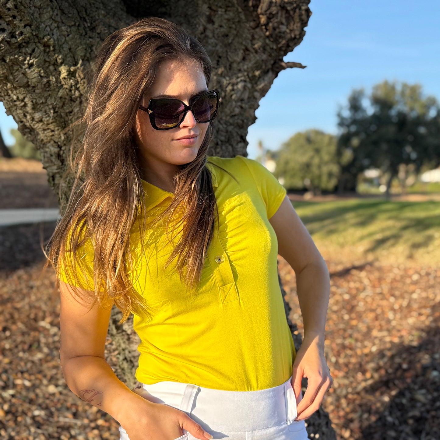 Swing Out Sister Ladies Ultra-Soft Stretch Short Sleeve Polo in Sunshine