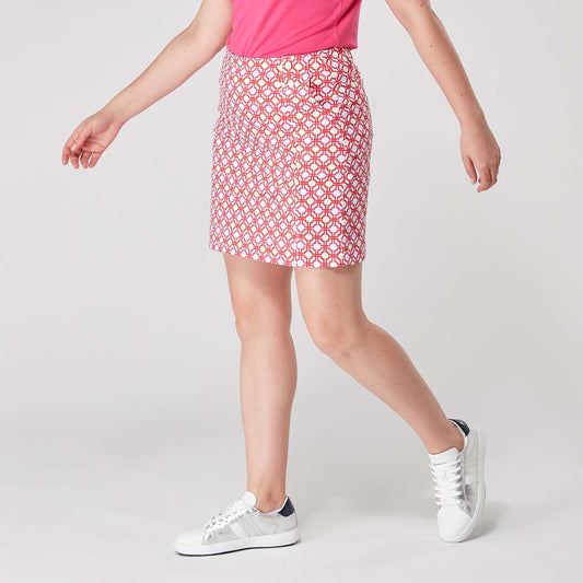 Swing Out Sister Women's Pull-On Skort in Lush Pink and Mandarin Mosaic Pattern