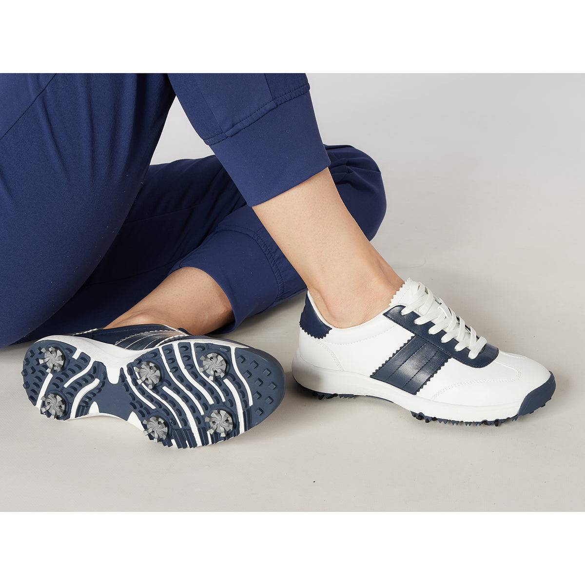 Swing Out Sister Golf Shoe with Soft Spikes with Navy Trim Detail