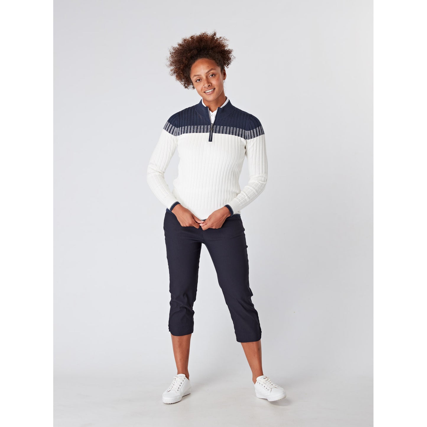 Swing Out Sister Ladies Colour Block Zip-Neck Sweater