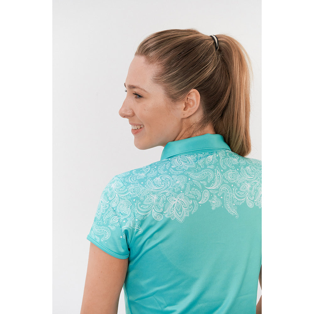 Pure Golf Ladies Cap Sleeve Zip-Neck Polo in Ocean Blue & Paisley Print