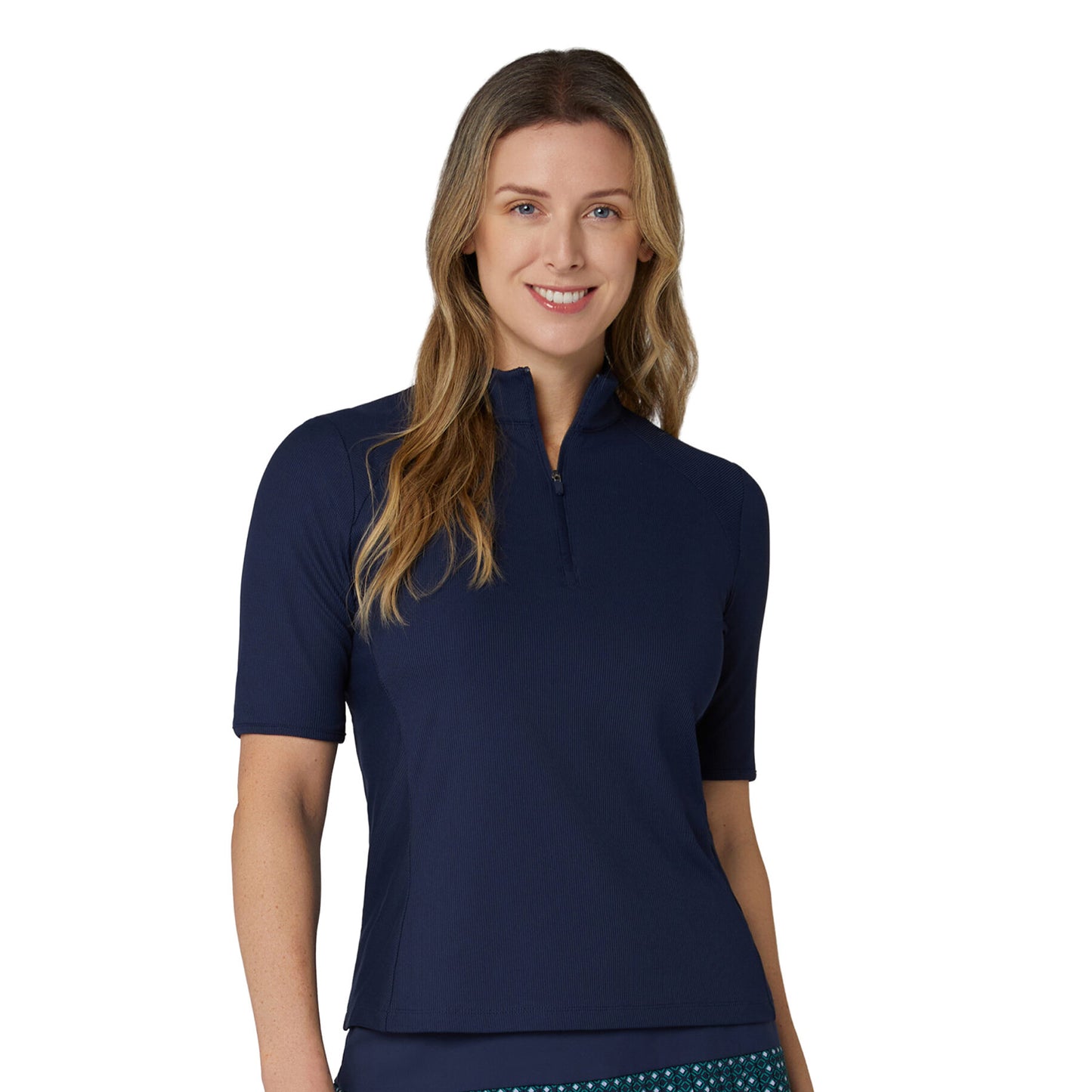 Callaway Ladies Short Sleeve Polo with Modern Zip-Neck and Flattering Ribbed Design in Navy