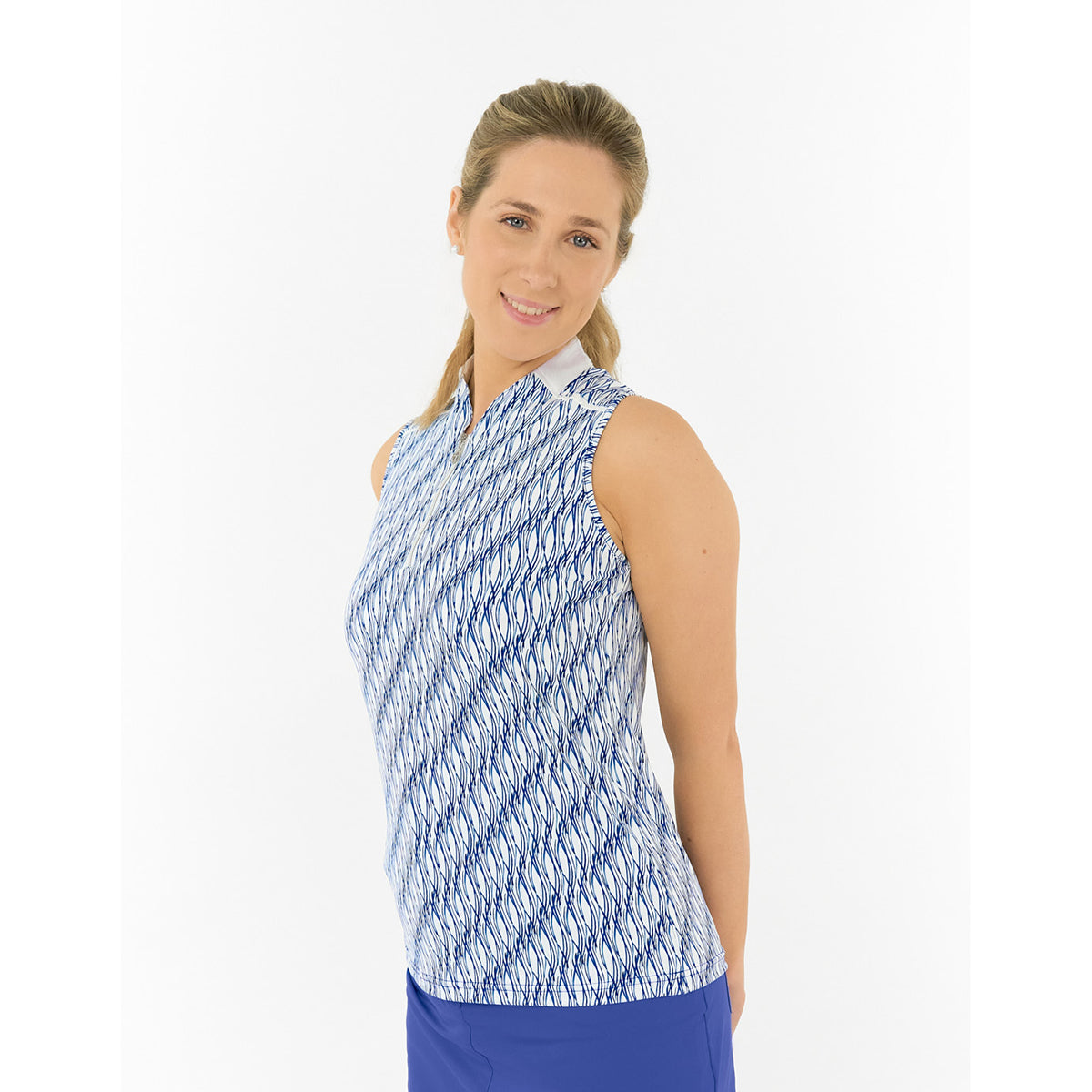 Pure Golf Ladies Sleeveless Polo with Abstract Wave Print