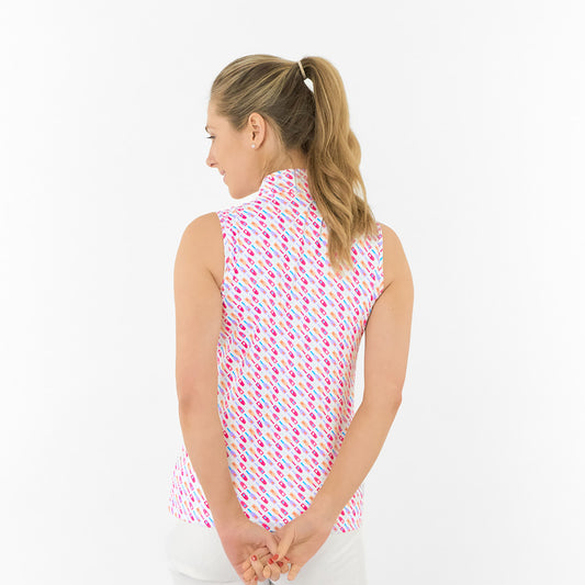Pure Golf Ladies Sleeveless Polo in Fun Bottle Print