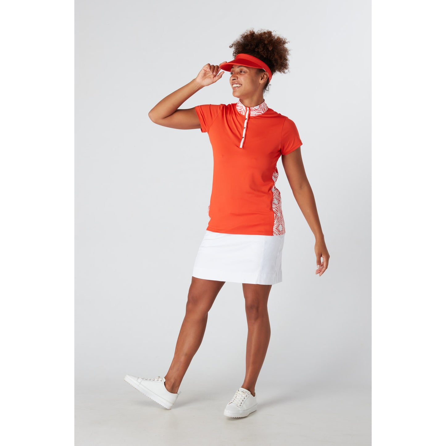 Swing Out Sister Ladies Cap Sleeve Polo with print panels in Luscious Red