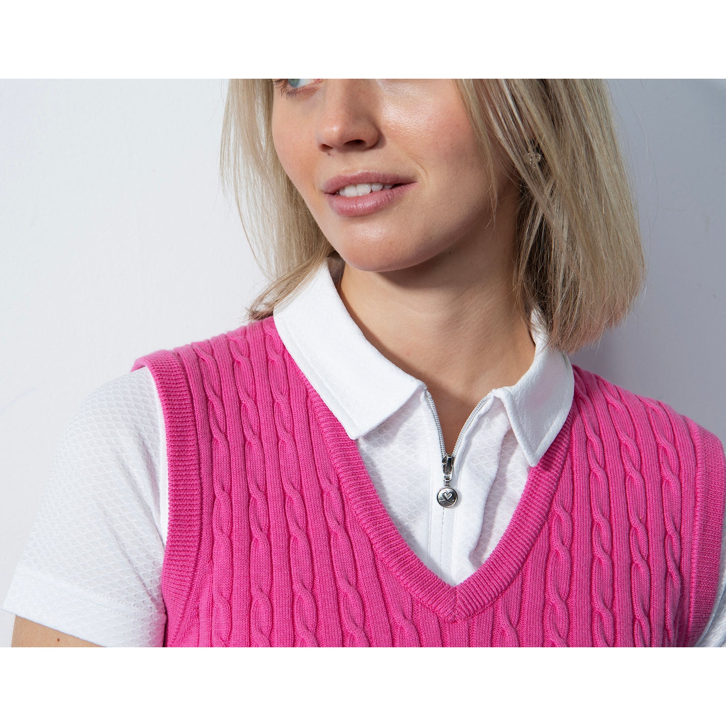 Daily Sports Ladies Cable Knit Sleeveless Sweater in Pink Sky 