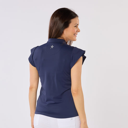Swing Out Sister Ladies Fluted Sleeve Navy Polo for Elegant Flair On & Off The Course
