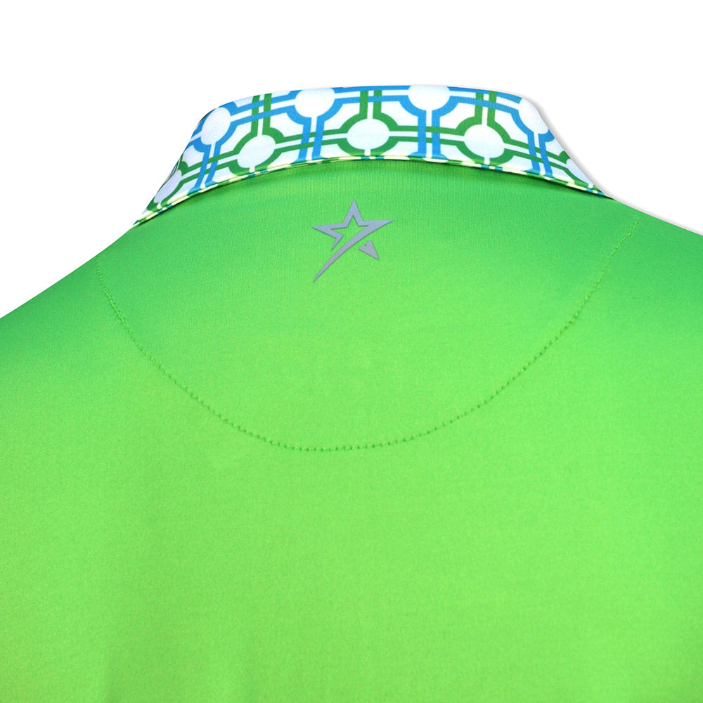 Swing Out Sister Ladies Zip-Neck Short Sleeve Polo with Dazzling Blue and Emerald Mosaic Pattern
