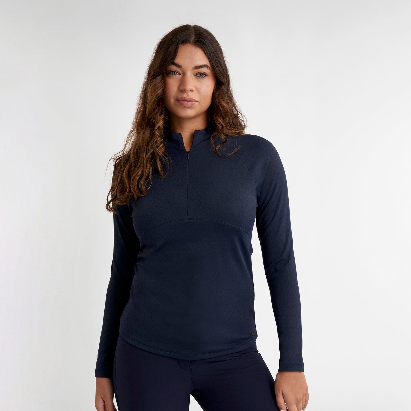Green Lamb Ladies Lightweight 1/4 Zip Top with Jacquard Leopard Print in Navy