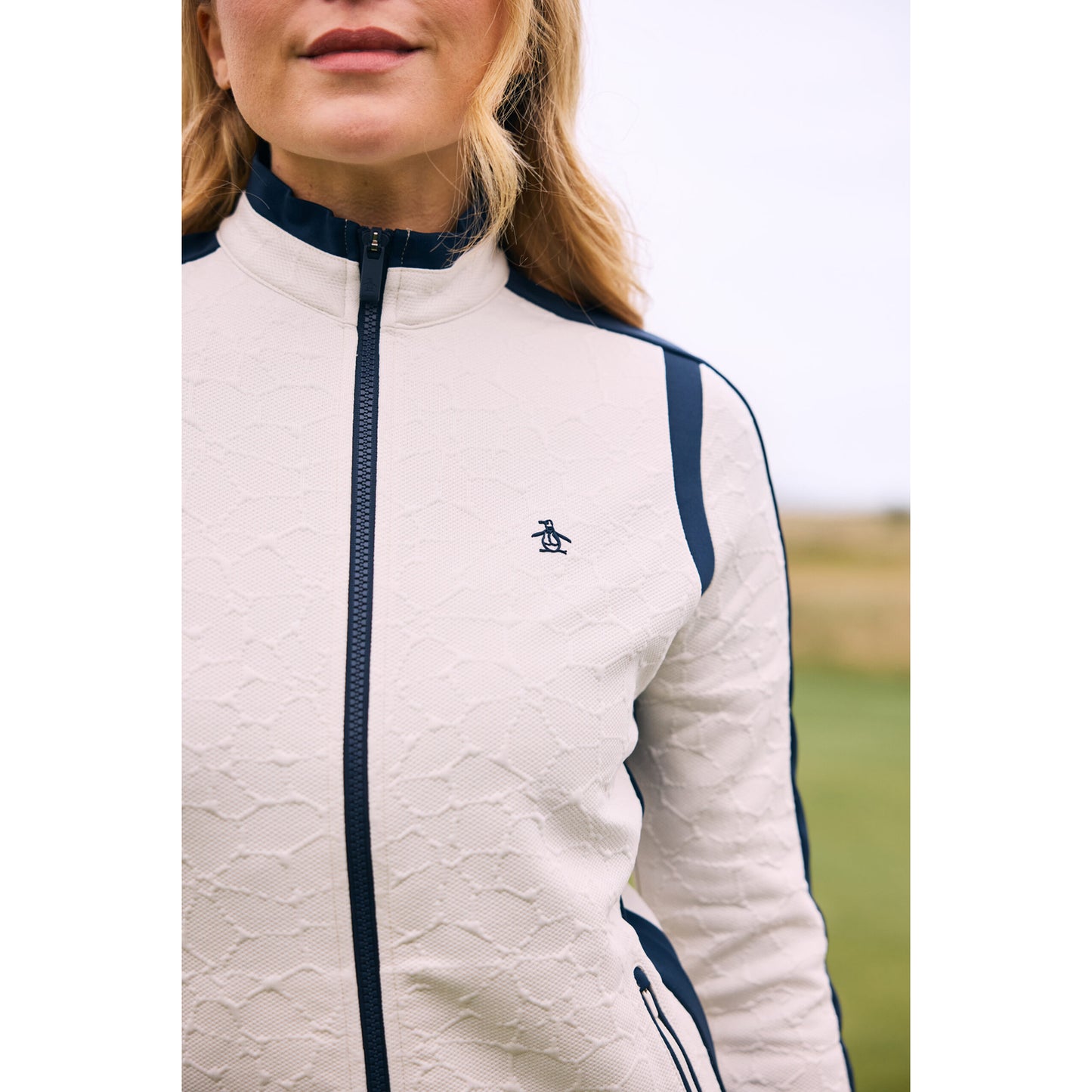 Original Penguin Ladies Floral Embossed Jersey Jacket with Navy Contour Panels