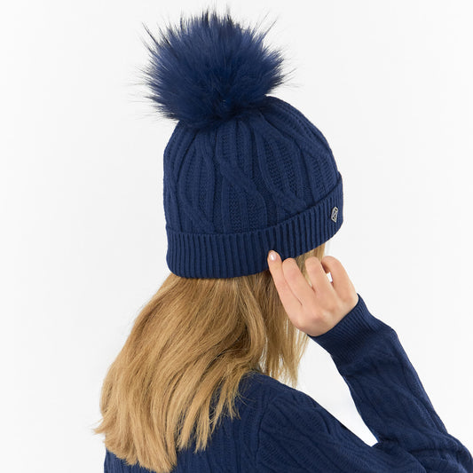 Pure Golf Ladies Lined Waterproof Bobble Hat with Cable Knit Design in Navy
