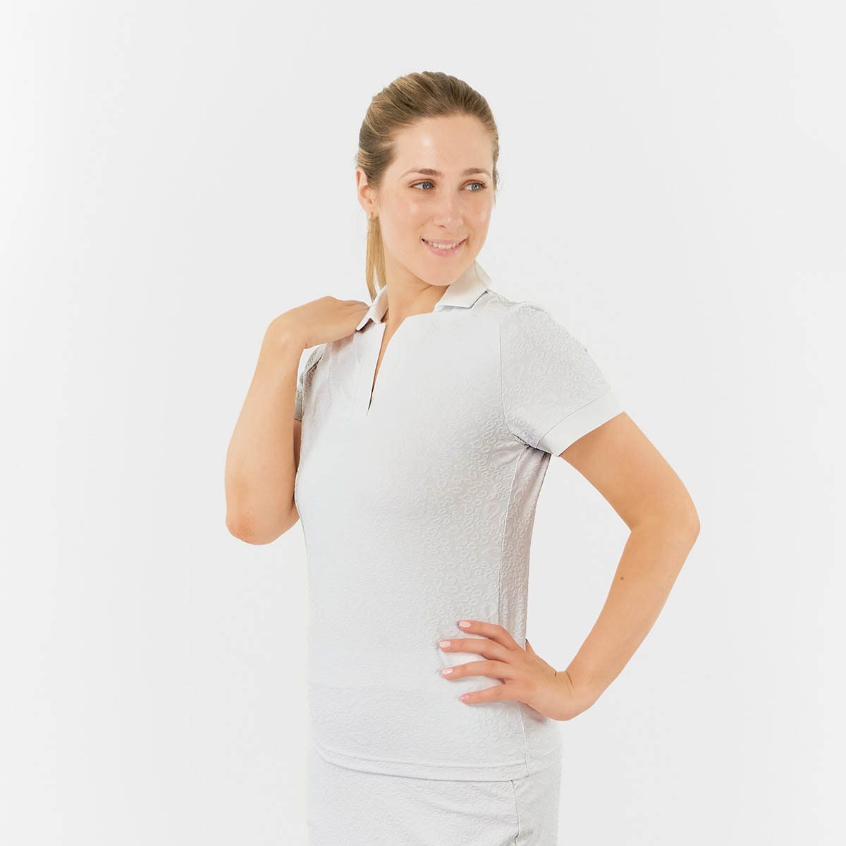 Pure Ladies Jacquard Print Short Sleeve Polo with V-Neck Opening