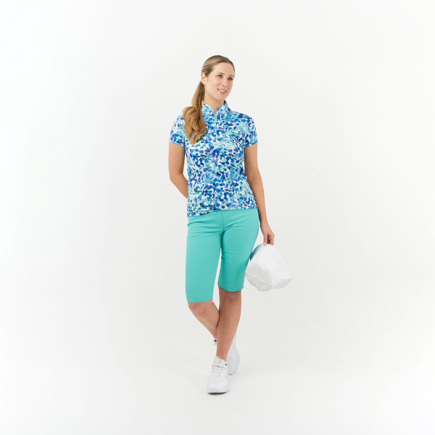 Pure Golf Cap Sleeve Zip Neck Top in Dappled Ocean Print