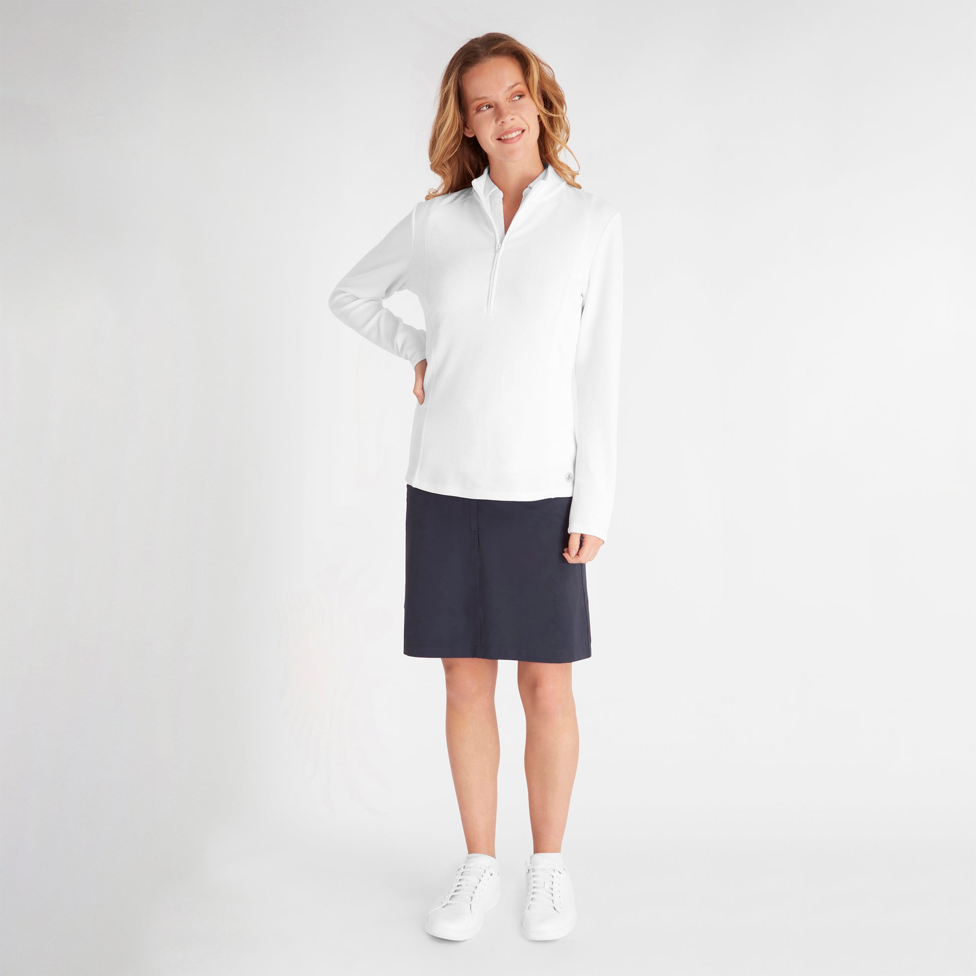Green Lamb Women's Zip-Neck Golf Top with Waffle Design in White