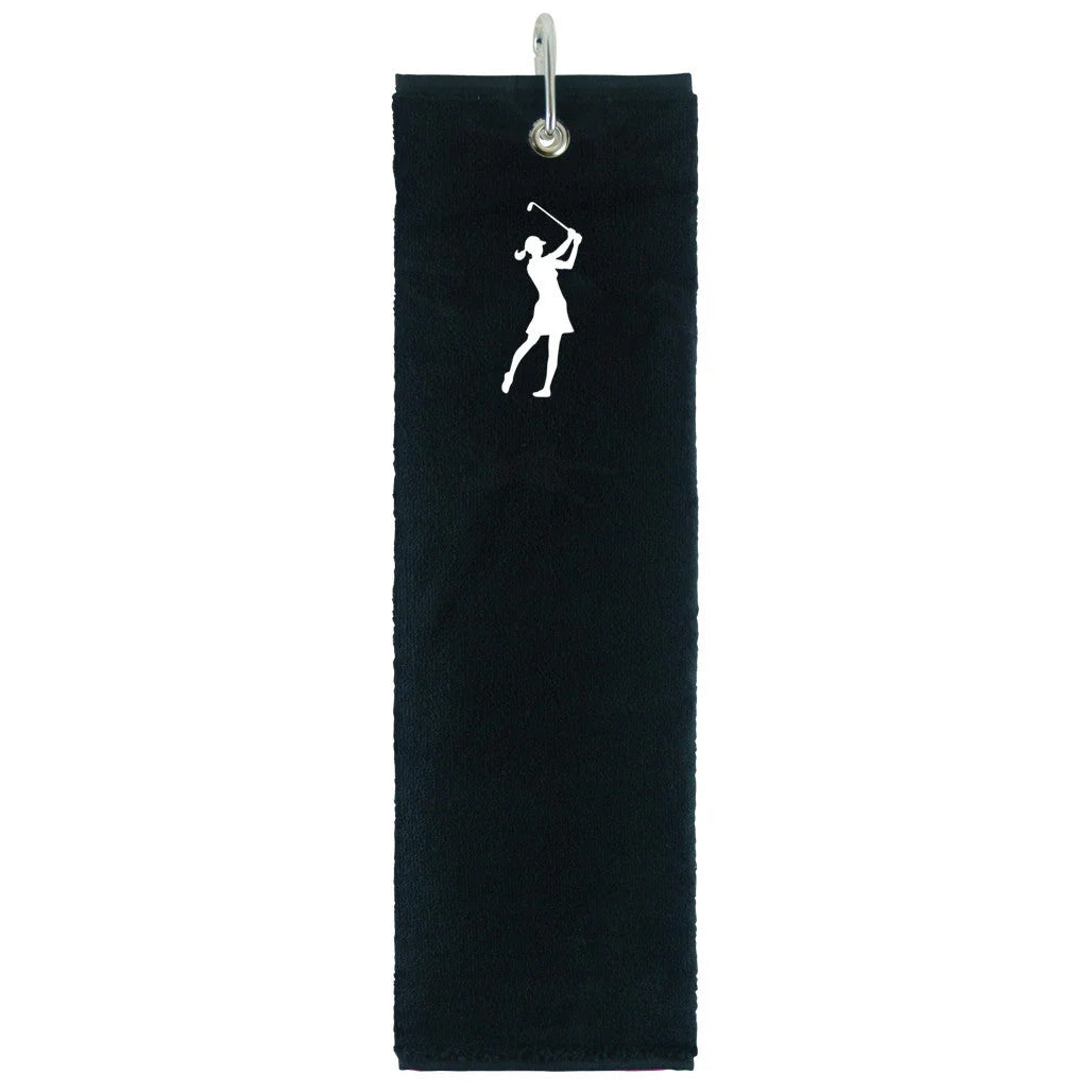Surprizeshop Ladies Black Embroidered Lady Golfer Tri-Fold Golf Towel