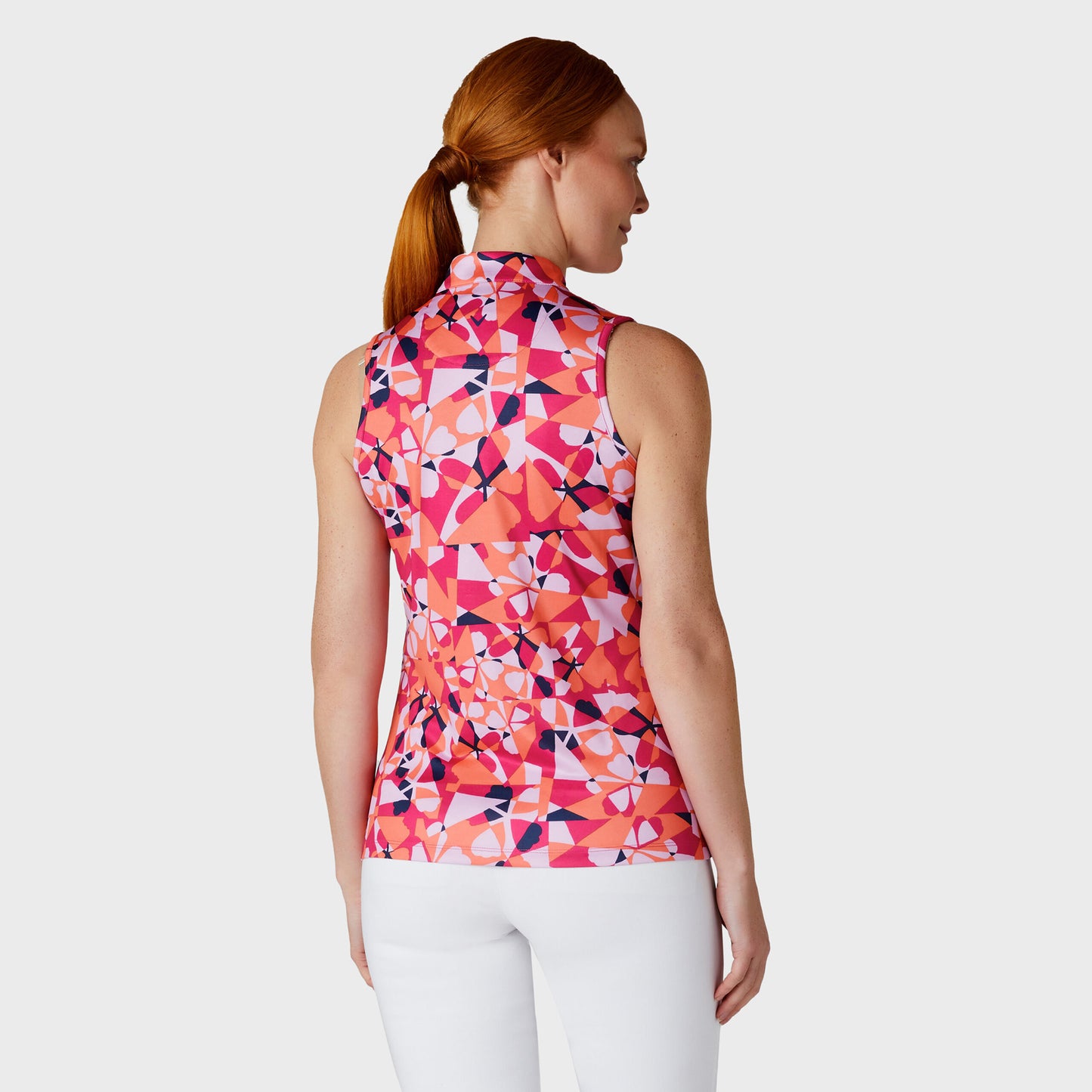Callaway Ladies Snap Placket Sleeveless Polo in Geometric Floral Print