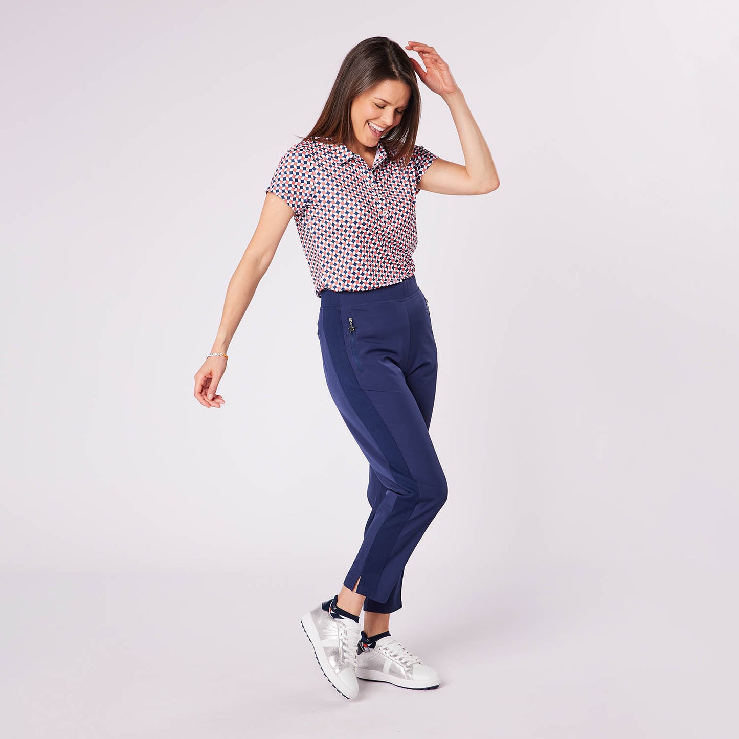 Swing Out Sister Ladies Geometric Tile Print Cap Sleeve Polo