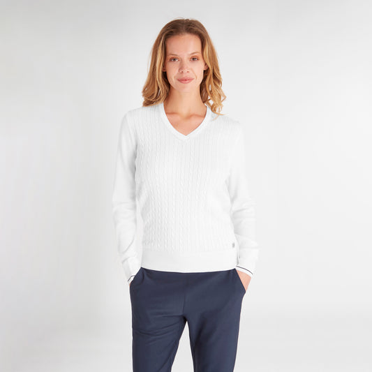 Green Lamb Women's White Cable Knit V-Neck Sweater