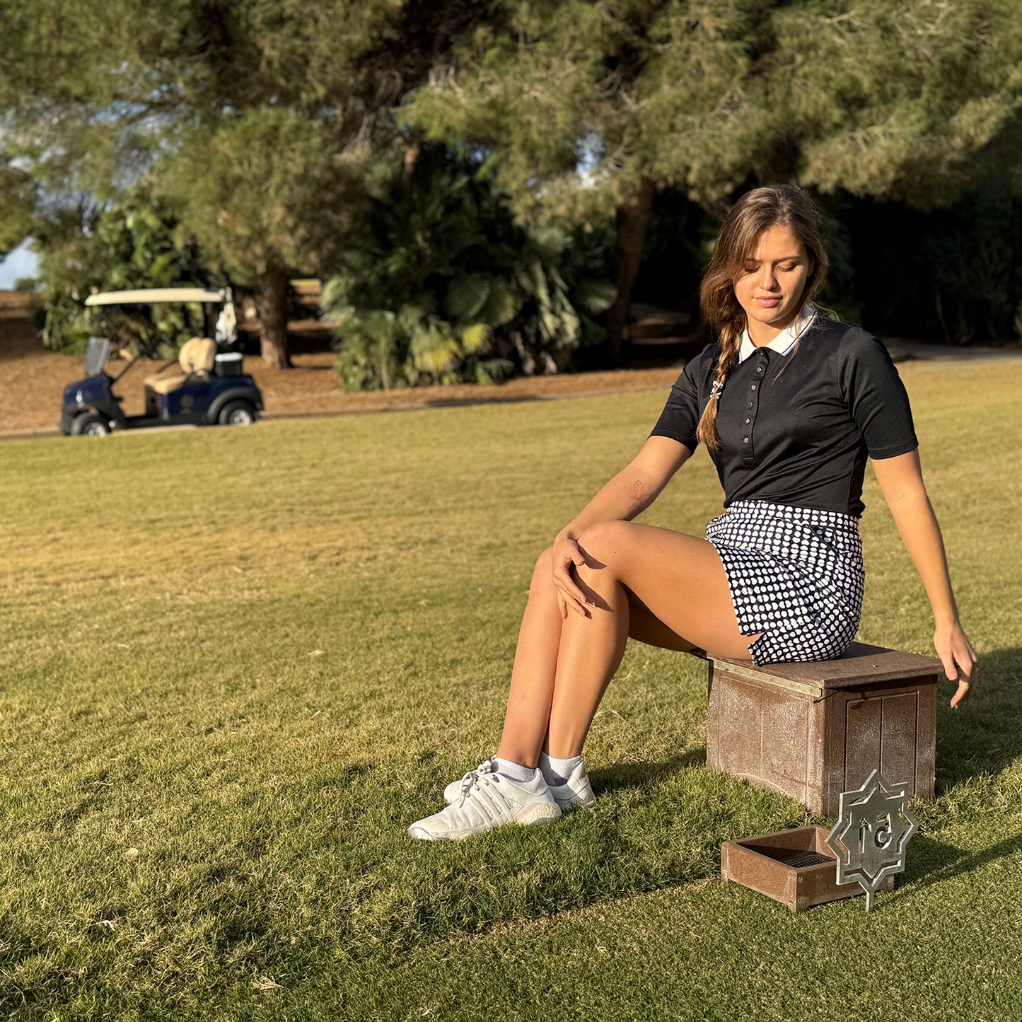 Swing Out Sister Ladies Black Pique Short Sleeve Polo with White Ribbed Collar