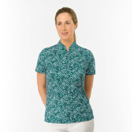 Pure Golf Ladies Sleeveless Polo with Abstract Crosshatch Print for Modern Course Style