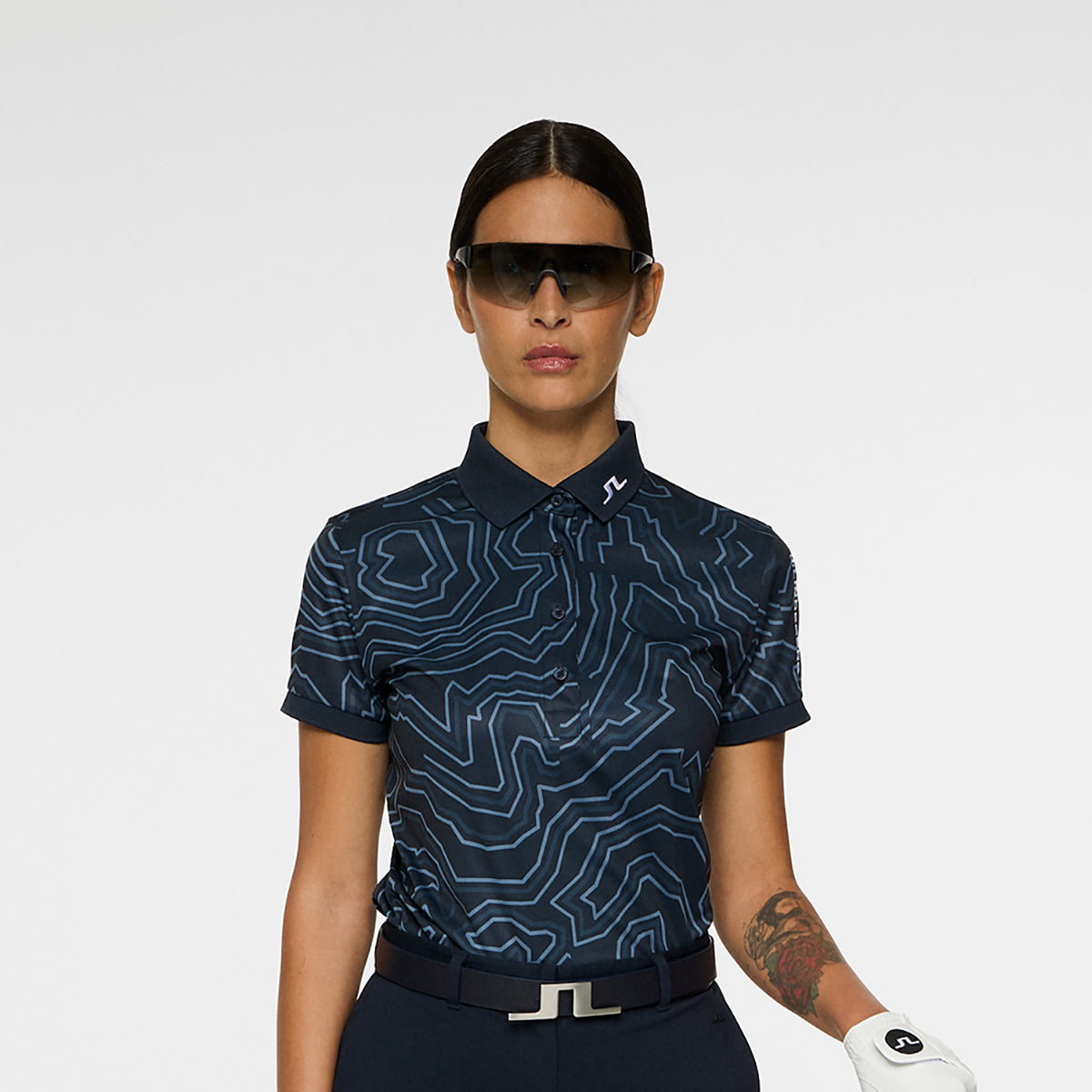 J.Lindeberg Ladies Short Sleeve Tour Tech Print Polo in Navy with Contour Print