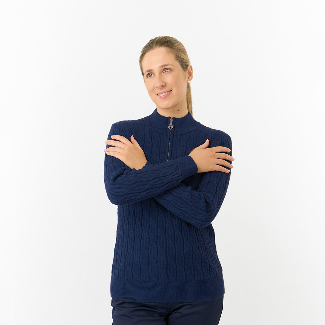 Pure Golf Ladies Quarter Zip Cable Knit Lined Sweater in Navy