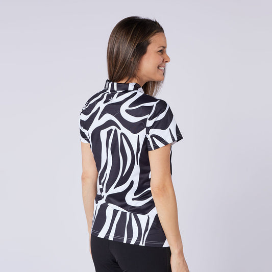 Swing Out Sister Ladies Cap Sleeve Polo in Black & White Stripe