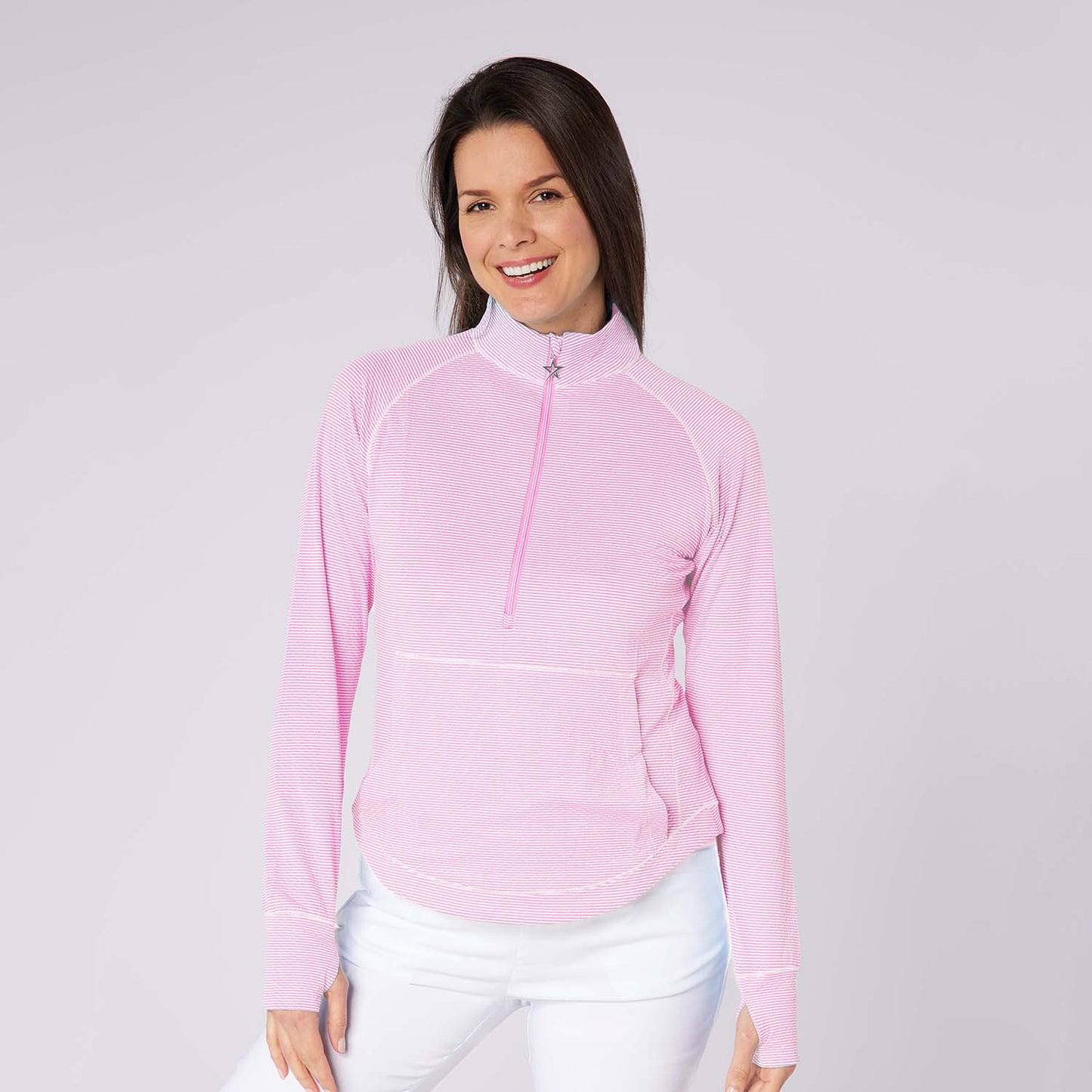 Swing Out Sister Womens Fine Stripe Zip-Neck Top with Front Pocket Great for Range to Course Wear