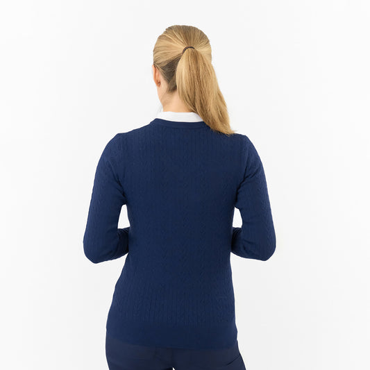Pure Ladies Cable Knit V-Neck Golf Sweater in Navy
