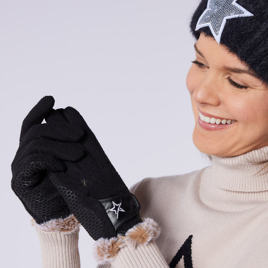 Swing Out Sister Ladies Winter Fleece Gloves with Faux Fur Trim in Black